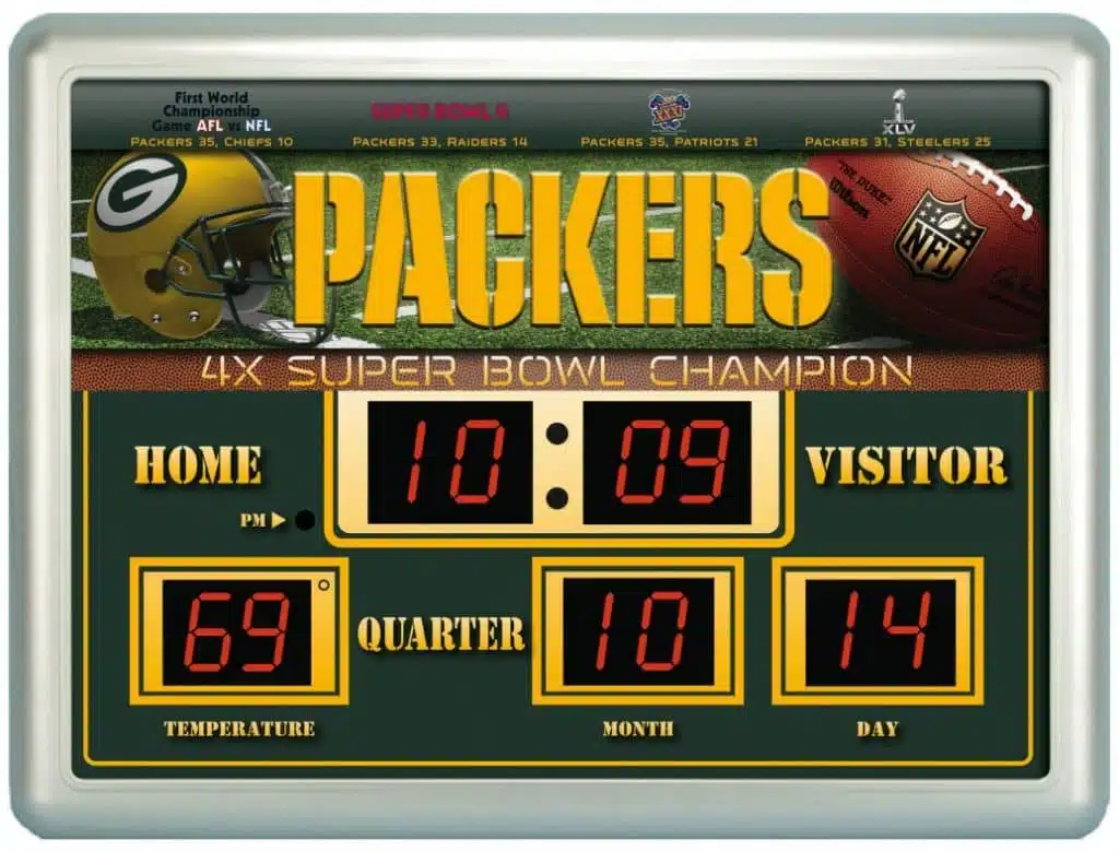 Green Bay Packers Clock - 14"x19" Scoreboard